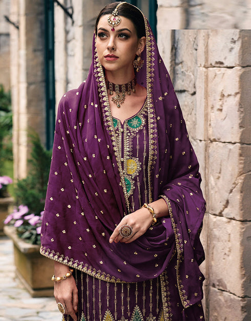 Designer Party Wear Chinon Silk Salwar Suit Collection Purple Chinon Silk Palazzo Straight Close-up View